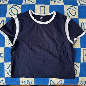 GAP Navy and White Cropped Ringer Tee XL